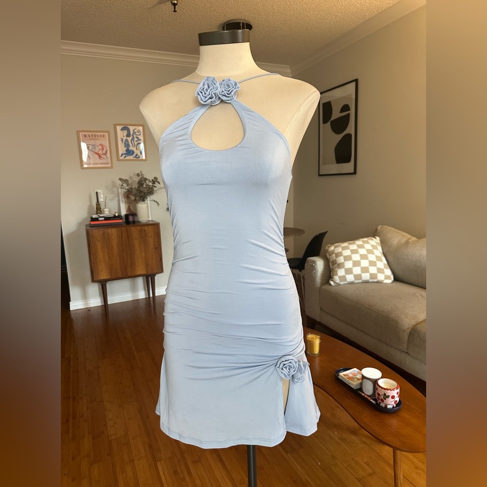 Meshki Light Blue Backless Dress with Floral Details
